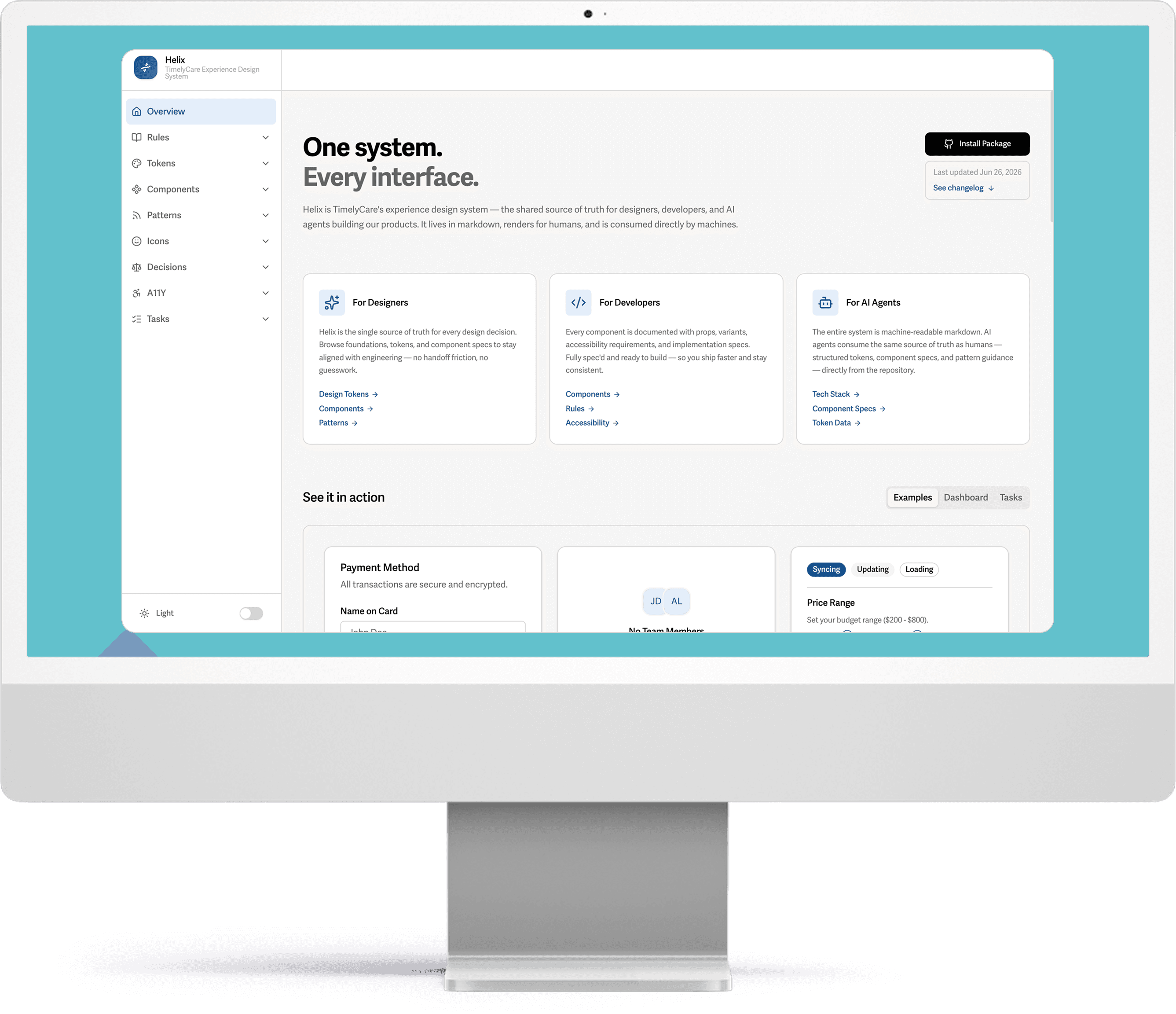 The Helix design system homepage, showing the Overview page with For Designers, For Developers, and For AI Agents sections, displayed on an iMac with its own shadow.