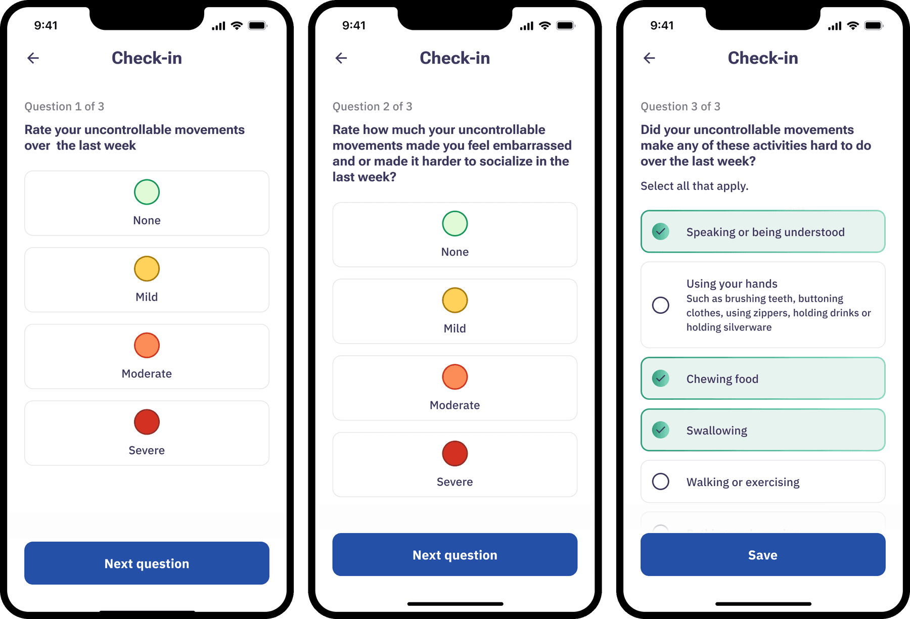 The three check-in questions: rating uncontrollable movements, rating embarrassment or difficulty socializing, and selecting which daily activities were made harder.