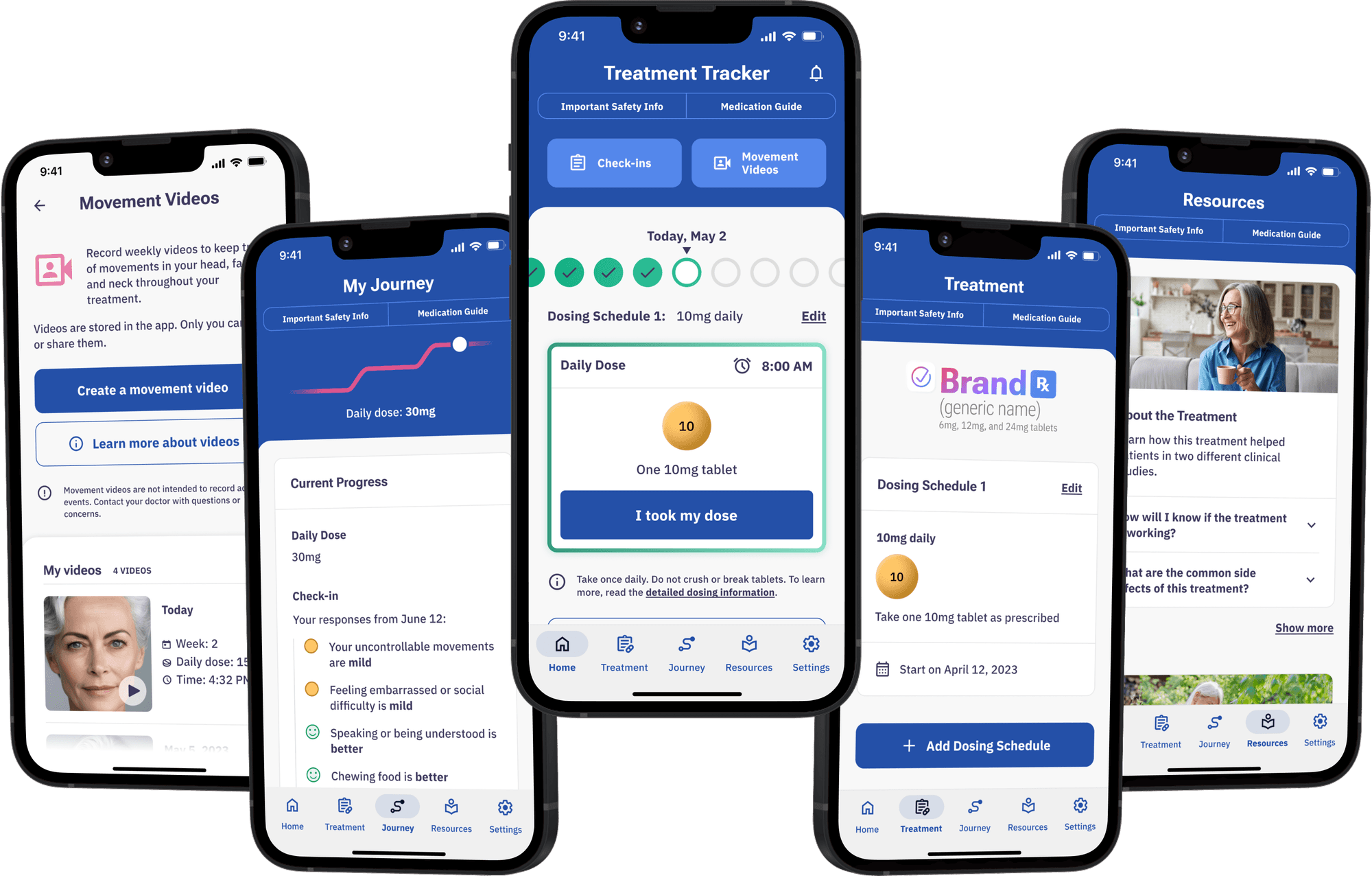 Five phones showing the Treatment Tracker app — Movement Videos, My Journey, the Home dose log, Treatment, and Resources — fanned out in a row.