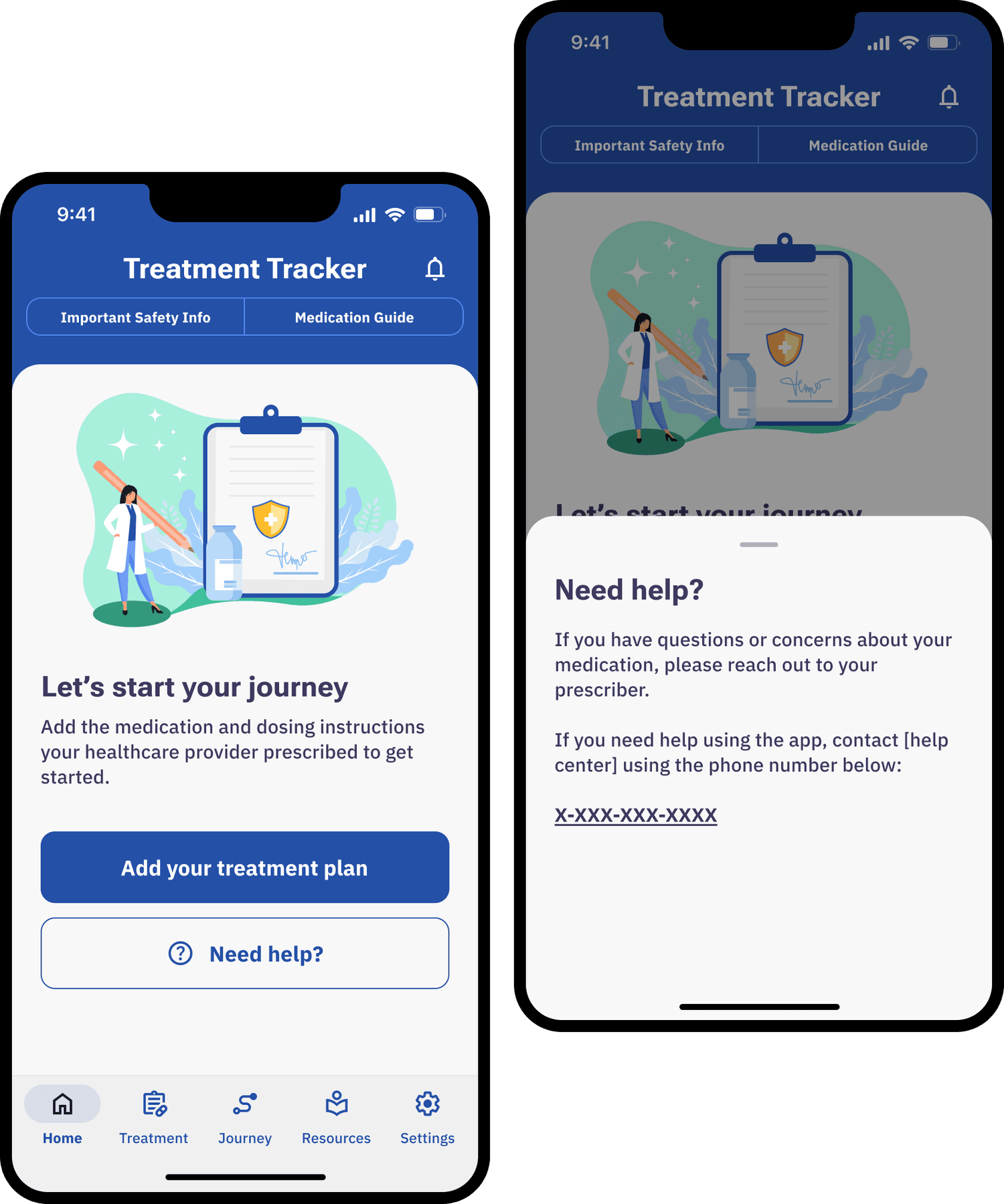 The empty first-use state of Home, reading 'Let's start your journey' with 'Add your treatment plan' and 'Need help?' buttons, and the help sheet opened over it.