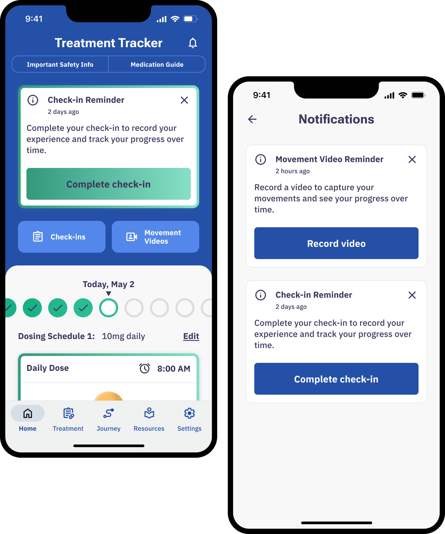 In-app notifications on Home: a check-in reminder card at the top of the screen, and the full Notifications list with movement video and check-in reminders.