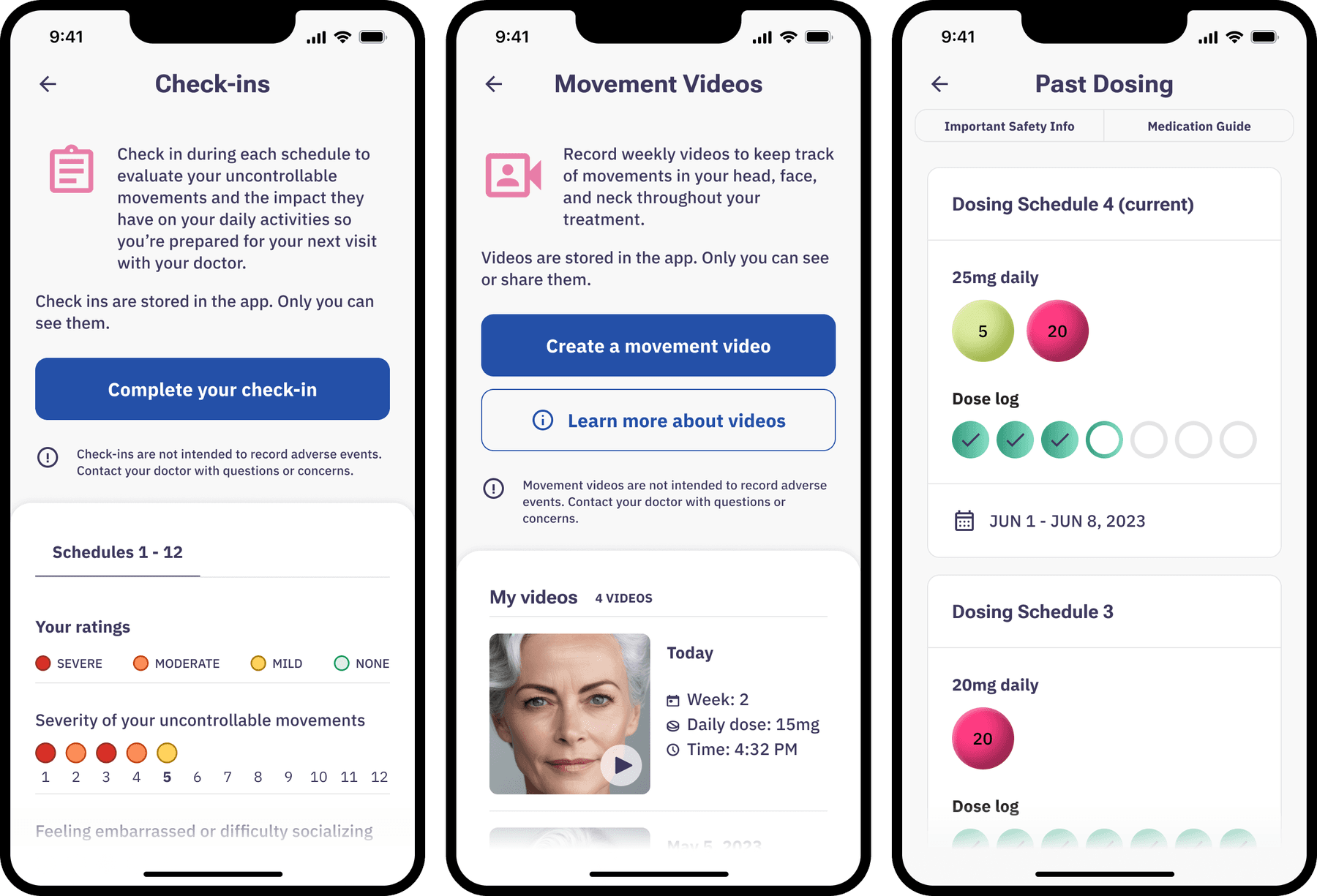 Three history screens: the check-ins summary with severity ratings across schedules, the movement video library, and past dosing with a dose log per schedule.