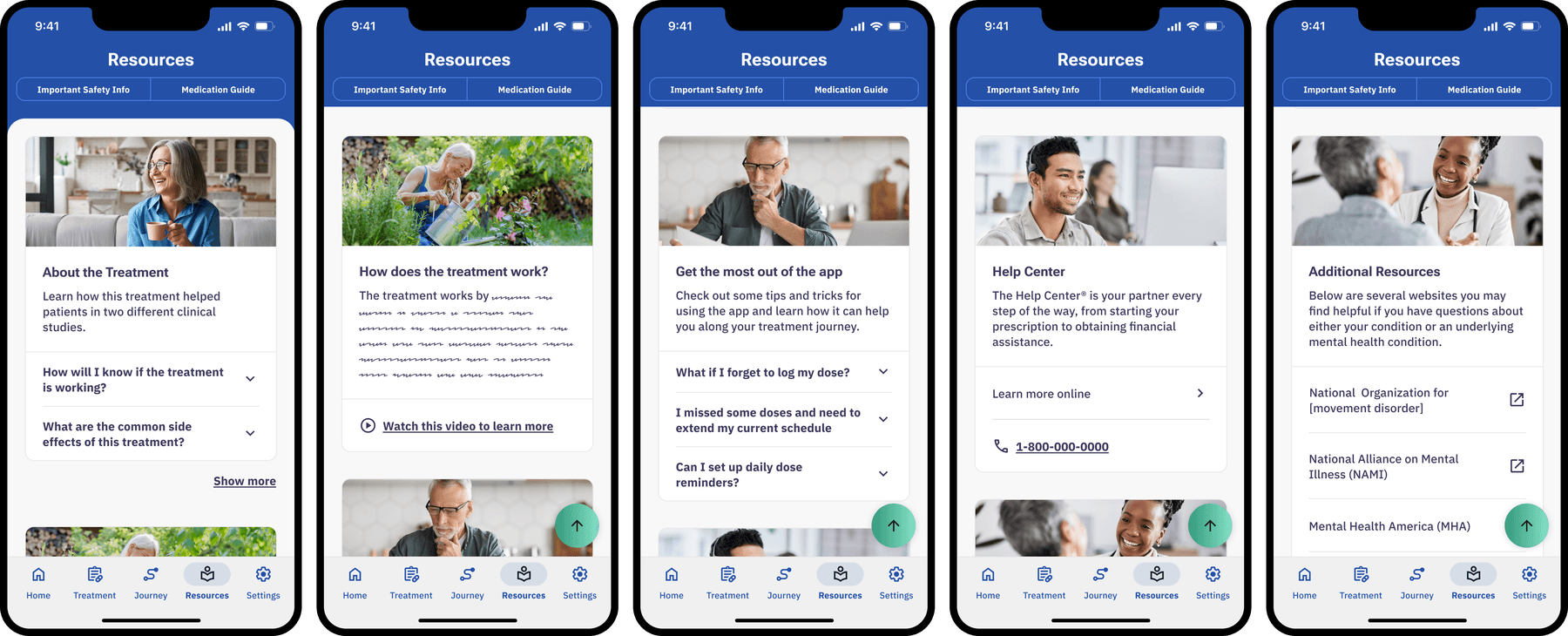 Five Resources screens: about the treatment, how the treatment works, getting the most out of the app, the help center with a support number, and links to outside mental health organizations.