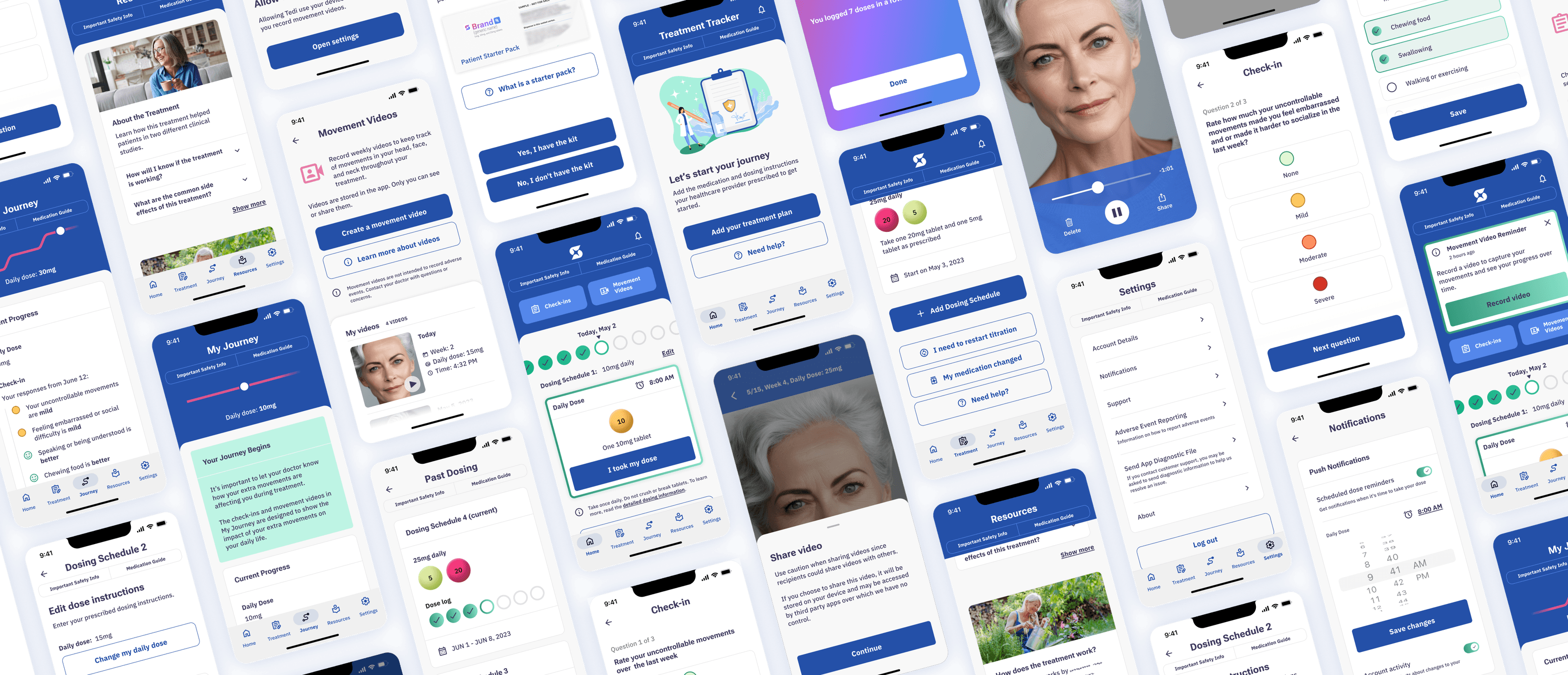 A diagonal collage of dozens of finished Treatment Tracker screens, spanning dose logging, schedules, check-ins, movement videos, resources, and settings.