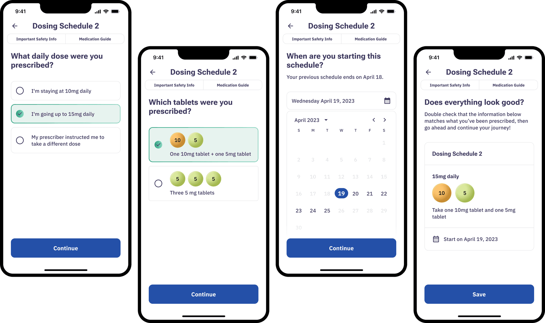 Four steps of adding a dosing schedule: choosing the daily dose, choosing the tablet combination, picking a start date on a calendar, and confirming the summary before saving.
