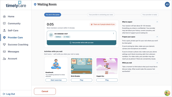 The virtual waiting room open in a browser, showing the status bar, wait timer, and activities.